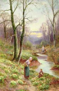 Picking primroses by the stream by Ernst Walbourn