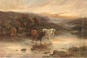Highland cattle watering in a river landscape by Ernst Walbourn