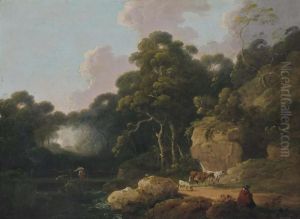 A Wooded River Landscape With A Drover And His Cattle by Julius Caesar Ibbetson