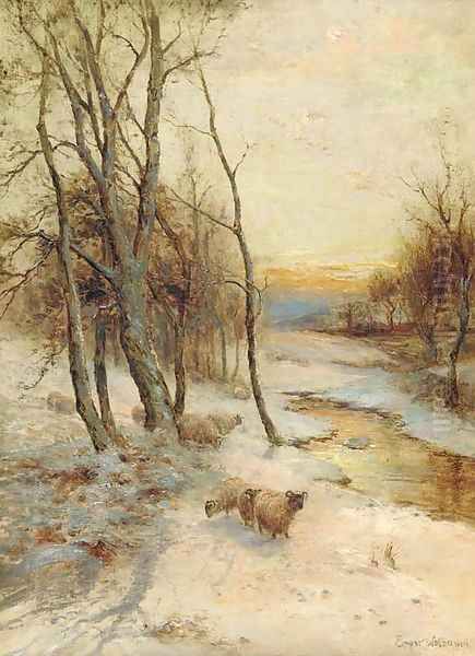 Sheep in a winter landscape, evening - view 1