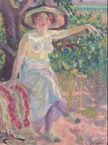 Frauenakt Mit Hut by Lipot Illencz