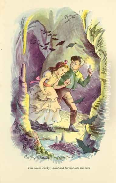 Tom seized Becky's hand and hurried into the cave', illustration from 'The Adventures of Tom Sawyer by Mark Twain (1835-1910) - view 1