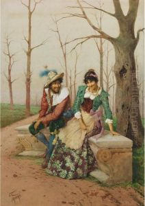 Flirting Couple Seated On Marble Bench by Filippo Indoni