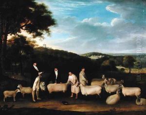 Portrait of Thomas William Coke, Esq. (1752-1842) inspecting some of his South Down sheep with Mr Walton and the Holkham shepherds by Thomas Weaver