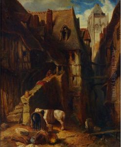 Town Scene With Rustic Watching Over His Horses Town Scene With Rustic Watching Over His Horses