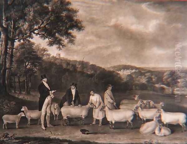 Portrait of Thomas William Coke, Esq. (1752-1842) inspecting some of his South Down sheep with Mr Walton and the Holkham shepherds, engraved by William Ward (1766-1826), 1808 - view 1