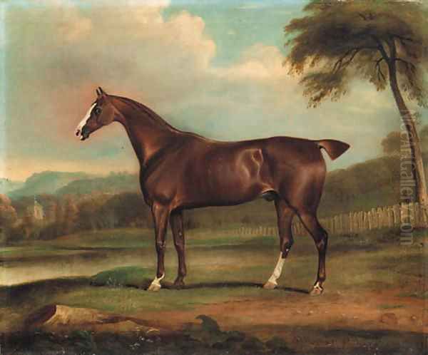 A Chestnut Hunter, in a landscape with a church beyond - view 1