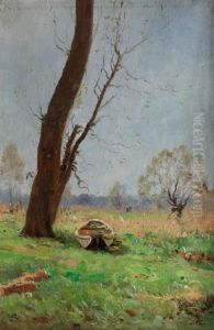 Fruhlingslandschaft Mit Ruderkahn Unter Hohem Baumstamm Abgestellt