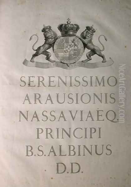 Albinus I, Dedication page, from 'Tabulae sceleti et musculorum corporis humani', by Bernhard Siegfried Albinus (1697-1770), published by J.&H. Verbeek, bibliop., Leiden, 1747 - view 1