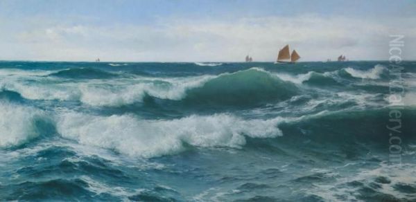 Waves Breaking In Shallow Waters With Boats Off To The Fishing Grounds Beyond - view 1