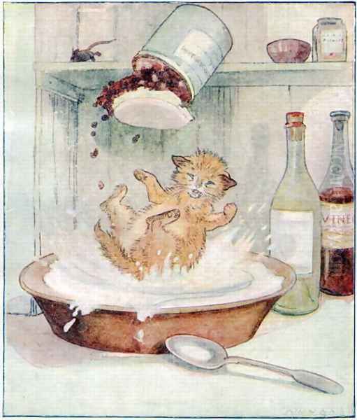 Wee Kitty fell into the cream..., illustration from Cuddly Kitty and Busy Bunny, by Clara G. Dennis, published by Thomas Nelson and Sons, Ltd., 1926 - view 1