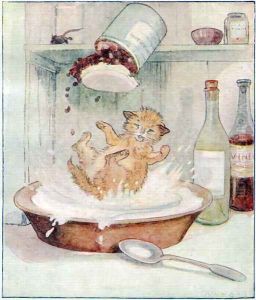 Wee Kitty fell into the cream..., illustration from Cuddly Kitty and Busy Bunny, by Clara G. Dennis, published by Thomas Nelson and Sons, Ltd., 1926 by Alan Wright