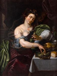 Allegorie Du Toucher : Singe 
Touchant Des Cerises Sur L'epaule D'une Jeune Femme Tenant Un Verre De 
Vin