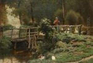 Ganzenhoedster Op Houten Bruggetje by Jacques Janssens