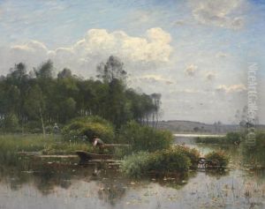 A Boatman In An Extensive River Landscape by Louis-Aime Japy
