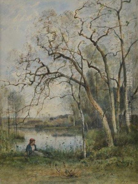 Jeune Femme Assise Au Bord D'une Riviere - view 1