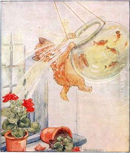 Poor naughty Cuddly Kitty jumps..., illustration from Cuddly Kitty and Busy Bunny, by Clara G. Denis, published by Thomas Nelson and Sons, Ltd., 192