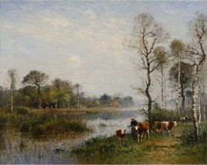 Herd Of Cows And A Farmer by Louis-Aime Japy