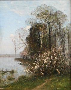 Pecheurs En Bord De La Riviere Avec Arbres En Fleurs by Louis-Aime Japy
