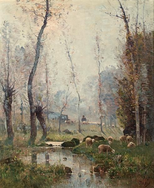 Sheep And Shepherd In A Misty Landscape - view 1