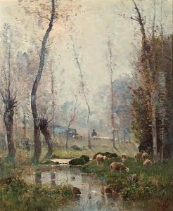 Sheep And Shepherd In A Misty Landscape by Louis-Aime Japy