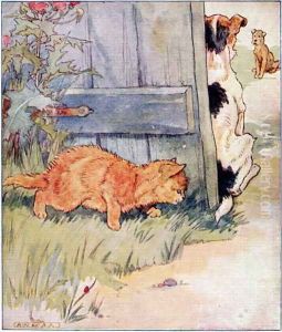 Sly Kitty thinks, A Joke Ill Play..., illustration from 'Cuddly Kitty and Busy Bunny', by Clara G. Dennis, published by Thomas Nelson and Sons, Ltd., 1926 by Alan Wright