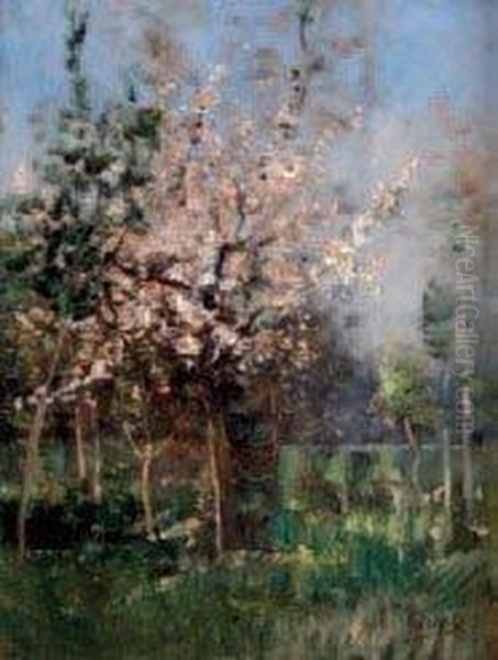 "cerisier En Fleurs" Huile Sur Panneausignee En Bas A Droite. 25,5 X 20 Cm - view 1