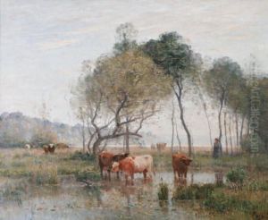  Vachere Et Son Troupeau Pres De L'etang by Louis-Aime Japy