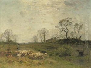 Leading The Sheep Across A Flowering Meadow by Louis-Aime Japy