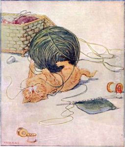 Wee Kitty thinks, I love to play..., illustration from Cuddly Kitty and Busy Bunny, by Clara G. Dennis, published by Thomas Nelson and Sons, Ltd., 1926 by Alan Wright