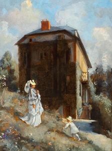 A Woman And A Child Outside A House by Louis-Aime Japy