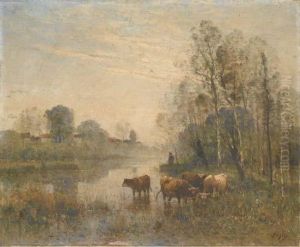 Troupeau Au Bord De La Riviere by Louis-Aime Japy