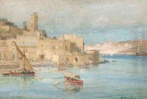 Feluccas amidst other shipping in a North African port by Charles William Wyllie