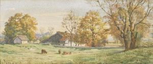 Sommerliches Bauernhaus Mit Weidenden Kuhen by Edouard Jeanmaire
