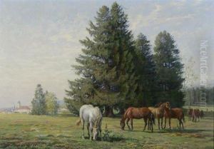 Weidende Pferde. Imhintergrund Eine Stadt by Edouard Jeanmaire