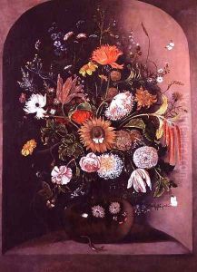 Mixed Flowers in a Glass Bowl in a Niche with a Lizard and a Mouse by Mathias Withoos