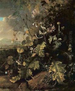 A forest floor with butterflies and lizards by Mathias Withoos
