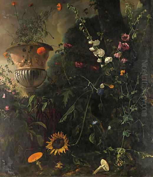 Hollyhocks, Roses, a Blue-lace Flower, a Sunflower and Toadstools, with Marigolds in an Urn by a Tree - view 1