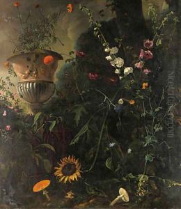 Hollyhocks, Roses, a Blue-lace Flower, a Sunflower and Toadstools, with Marigolds in an Urn by a Tree