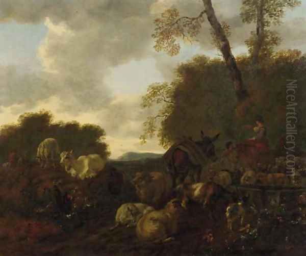 Shepherds and their flock by a well in an Italianate landscape - view 1