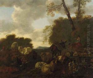 Shepherds and their flock by a well in an Italianate landscape Shepherds and their flock by a well in an Italianate landscape