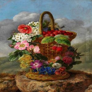Strawberries In A Tall Basket Decorated With A Colourful Wreath by Johan Laurentz Jensen