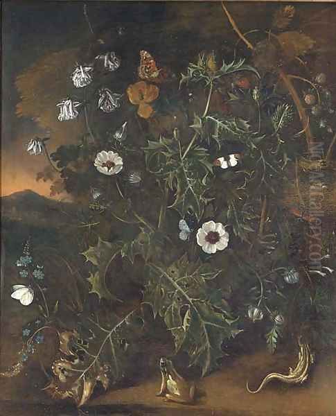 Thistles, brambles, poppies and other plants, with a bird's nest, a frog, a lizzard and butterflies, a mountainous sunset landscape beyond - view 1