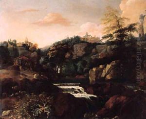 Goats and sheep by a waterfall beneath a village in an Italianate landscape Goats and sheep by a waterfall beneath a village in an Italianate landscape