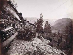 Central Pacific Railroad Train and Coaches in Yosemite Valley, 1861-69 by Carleton Emmons Watkins