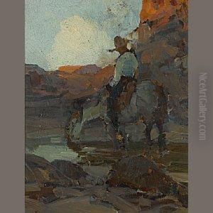 Mounted Horse At A Watering Hole by Frank Johnson
