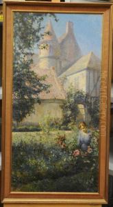 Female Figure Among Roses In A Garden by Martin Gwilt-Jolley