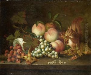 A Squirrel Eating Cobnuts With Strawberries, Grapes And Peaches