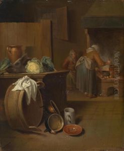 Two Rustic Interiors With Women Doing Kitchen Work