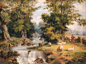 A Landscape With Sheep Grazing By A Stream And A Woman Crossing A Stile by Dean Wolstenholme, Jr